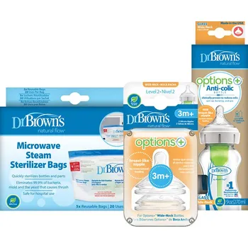 Kojenecká láhev DR.BROWN’S Láhev kojenecká sklo 270ml +Savičky na láhev level-2 2ks +Sáčky na sterilizaci lahví 5ks