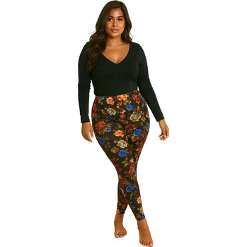 Dámské legíny NOVINKA- Dámské dlouhé legíny černé s oranžovými květy