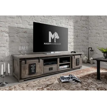 Televizní stolek IRON TV stolek 200x55x50 cm, šedá lakovaná, mango