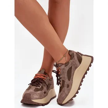 Dámské tenisky BIG STAR SHOES Kožené sneakersy na platformě dámské Big Star BIG STAR SHOES hnědá | kaki | krémová 3396191