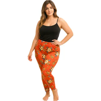 Dámské legíny NOVINKA- Dámské dlouhé legíny oranžové s květy