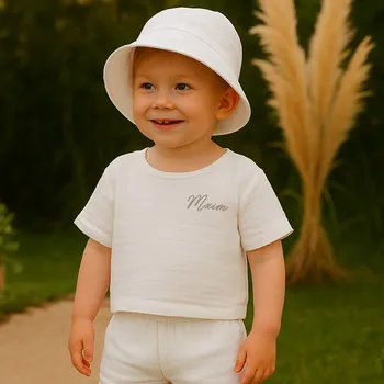 Kojenecká souprava Mušelínový set s kloboučkem pro chlapečka Barva: Bílá, Velikost setu: 2r (vel.92), Velikost kloboučku: 5 a více let (50-52 cm)