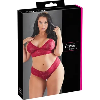 Dámské erotické prádlo Cottelli Plus Size - měkká krajková souprava podprsenky (červená) - 3XL