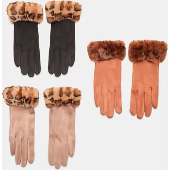 Rukavice Baťa černé dámské rukavice s tygrovaným kožíškem vícebarevné, vel. Černá