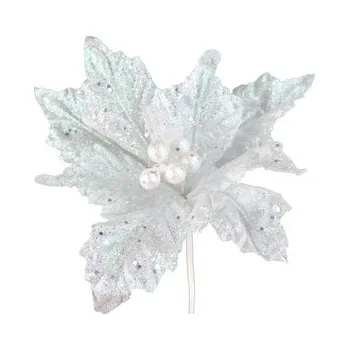 Velikonoční dekorace Poinsetie třpytivá zápich - bílá