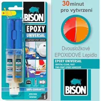 Průmyslové lepidlo Lepidlo BISON Epoxy Uniíversal. Vhodné k lepení SKLO +KOV (průhledné barvy). Balení 24ml. Vytvrzení 30min.