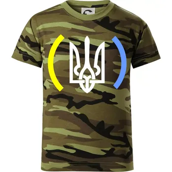 Ukrajina trojzubec s barvami - Dětské maskáčové triko - 134 cm/8 let ( Zelený maskáč )