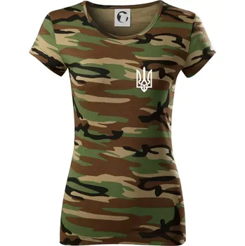 Dámské tričko Ukrajina trojzubec prso - Dámské maskáčové triko - 2XL ( Hnědý maskáč )