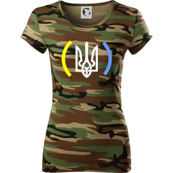 Dámské tričko Ukrajina trojzubec s barvami - Dámské maskáčové triko - M ( Hnědý maskáč )