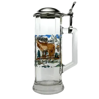 Sklenice Půllitr s motivem jelena – skleněný s cínovým víčkem, vysoký