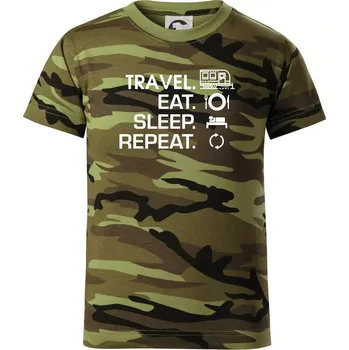 Eat sleep travel - Velký přívěs - Dětské maskáčové triko - 104-110cm / 3-4 roky ( Zelený maskáč )