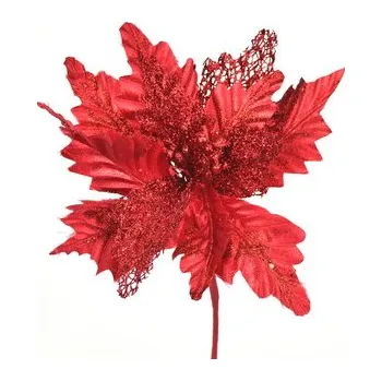 Vánoce Poinsetie třpytivá zápich - červená