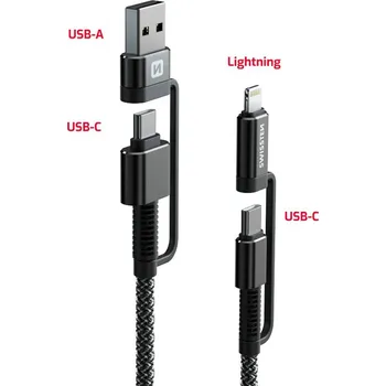 Datový kabel Kabel SWISSTEN 4v1 textilní - 3A - 1,5m - černý
