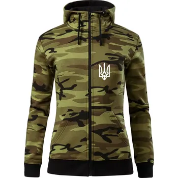 Dámská mikina Ukrajina trojzubec prso - Dámská mikina trendy zipper s kapucí - 2XL ( Zelený maskáč )