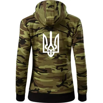 Dámská mikina Ukrajina trojzubec velký - Dámská mikina trendy zipper s kapucí - M ( Zelený maskáč )