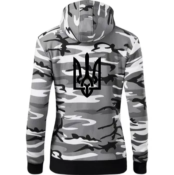 Dámská mikina Ukrajina trojzubec velký - Dámská mikina trendy zipper s kapucí - S ( Šedý maskáč )