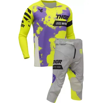 Moto dres Dětský sportovní motokrosový komplet kalhot a dresu THOR LAUNCHMODE RACEWEAR BLEACH barva šedá/fialová/acid (oblečení pro malé závodníky)