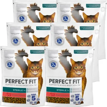 Krmivo pro kočku PERFECT FIT (Sterilní 1+) 6x750g Suché krmivo bohaté na hovězí maso pro kočky po sterilizaci