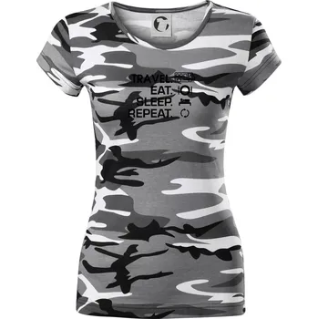 Dámské tričko Eat sleep travel - Van - Dámské maskáčové triko - L ( Šedý maskáč )