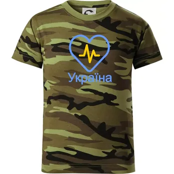 Moje srdce bije pro Ukrajinu - velké - Dětské maskáčové triko - 134 cm/8 let ( Zelený maskáč )