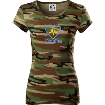 Dámské tričko Moje srdce bije pro Ukrajinu - velké - Dámské maskáčové triko - XL ( Hnědý maskáč )