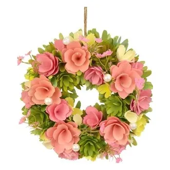 Věnec Jarní věnec z dřevěných kytiček růžový Ø30 cm