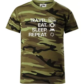 Eat sleep travel - Malý přívěs - Dětské maskáčové triko - 104-110cm / 3-4 roky ( Zelený maskáč )