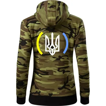 Dámská mikina Ukrajina trojzubec s barvami - Dámská mikina trendy zipper s kapucí - S ( Zelený maskáč )