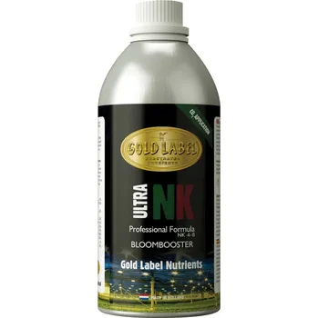 Hnojivo Gold Label Ultra NK 250ml (Gold Label Ultra NK je vysoce koncentrovaný květový stimulátor obsahující dusík (N), draslík (K) a huminové kyseliny, který je navržen pro podporu intenzivního kvetení a produkci silných, zdravých květů. Objem: 250ml.)
