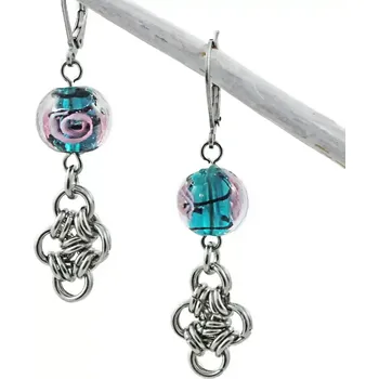 Náušnice Náušnice chirurgická ocel se zeleno-růžovými vinutkami