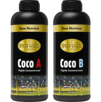 Hnojivo Gold Label Coco A&B 1L (Gold Label Coco A&B je profesionální dvousložkové minerální hnojivo určené pro vegetativní i květovou fázi rostlin pěstovaných v kokosových substrátech. Toto hnojivo poskytuje rostlinám vyvážený poměr makroživin a mikroprvků.)