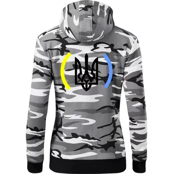 Dámská mikina Ukrajina trojzubec s barvami - Dámská mikina trendy zipper s kapucí - M ( Šedý maskáč )
