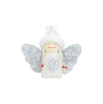 Vánoční dekorace Anděl na zavěšení se stříbrnými křídly 7,5 cm bílé šaty
