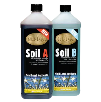 Hnojivo Gold Label Soil A&B 1L (Gold Label Soil A&B je profesionální dvousložkové základní hnojivo určené pro pěstování rostlin ve vegetační fázi i fázi kvetení. Toto hnojivo je optimalizováno pro použití s rašelinovými a kompostovými substráty.)