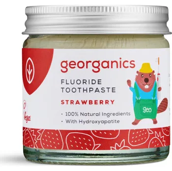 zubní pasta Georganics | Dětská jahodová zubní pasta s fluoridem 1350 ppm fluoridu, hydroxyapatit, pro první zoubky - 60 ml
