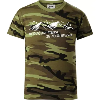 Neznačená stezka je moje stezka - Dětské maskáčové triko - 104-110cm / 3-4 roky ( Zelený maskáč )