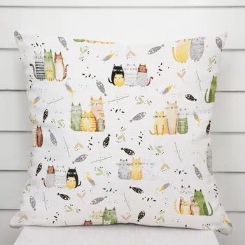 Povlak na dekorativní polštářek Dětský bavlněný povlak na polštář Sandra SA-652 Kočičí svět zeleno-žlutý na bílém 50 x 50 cm