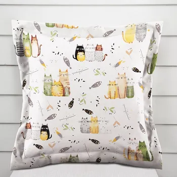 Povlak na dekorativní polštářek Dětský bavlněný povlak na polštář s lemem Sandra SA-652 Kočičí svět zeleno-žlutý na bílém 50 x 60 cm