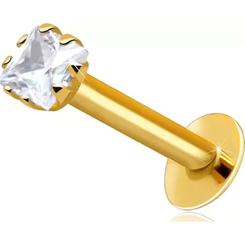 Piercing Zlatý 14K piercing do rtu a brady - čirý zirkon ve tvaru čtverce, 2,5 mm