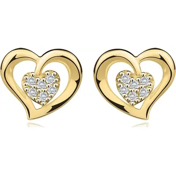 Náušnice Náušnice ze žlutého 14K zlata - obrys srdce, srdce s čirými zirkony