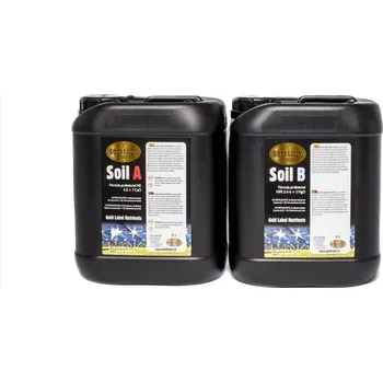 Hnojivo Gold Label Soil A&B 5L (Gold Label Soil A&B je profesionální dvousložkové základní hnojivo určené pro pěstování rostlin ve vegetační fázi i fázi kvetení. Toto hnojivo je optimalizováno pro použití s rašelinovými a kompostovými substráty.)