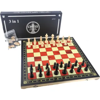 Šachy Dřevěná šachová sada 3v1 (šachy, dáma, vrhcáby) – 44x44 cm