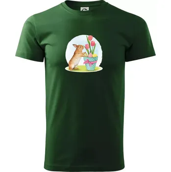 Pánské tričko Velikonoční zajíček tulipány - Triko extra velké (5-8XL) - 5XL ( Lahvově zelená )
