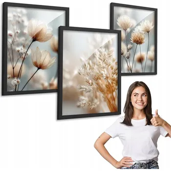 Obraz Sada 3 obrazů vzor BOHO LOUKA KVĚTŮ černý rámeček na zeď 40x50 triptych