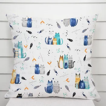 Povlak na polštářek Dětský bavlněný povlak na polštář Sandra SA-653 Kočičí svět modrý na bílém 40 x 60 cm