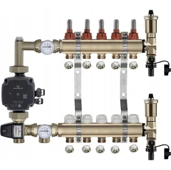 rozdělovač topení MOSAZNÝ ROZDĚLOVAČ PODLAHOVÉHO VYTÁPĚNÍ 5 OKRUHŮ + ČERPADLOVÁ SKUPINA GRUNDFOS + PEX FITINKY