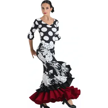 Dámská sukně Happy dance,Sukně na flamenco EF339, černá / bílé květy / červený spodní lem 40