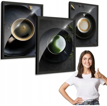 Obraz Sada 3 obrazů KÁVA, MATCHA černý rámeček na zeď 40x50 cm na plexiskle, triptych