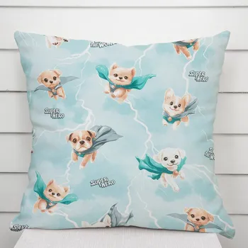 Povlak na dekorativní polštářek Dětský bavlněný povlak na polštář Sandra SA-651 Psí superhrdinové na ledově modrém 50 x 70 cm