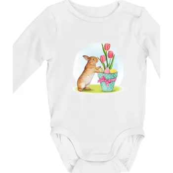 Velikonoční zajíček tulipány - Body kojenecké s dlouhým rukávem - Dlouhý r. 3-6 měs ( Bílá )